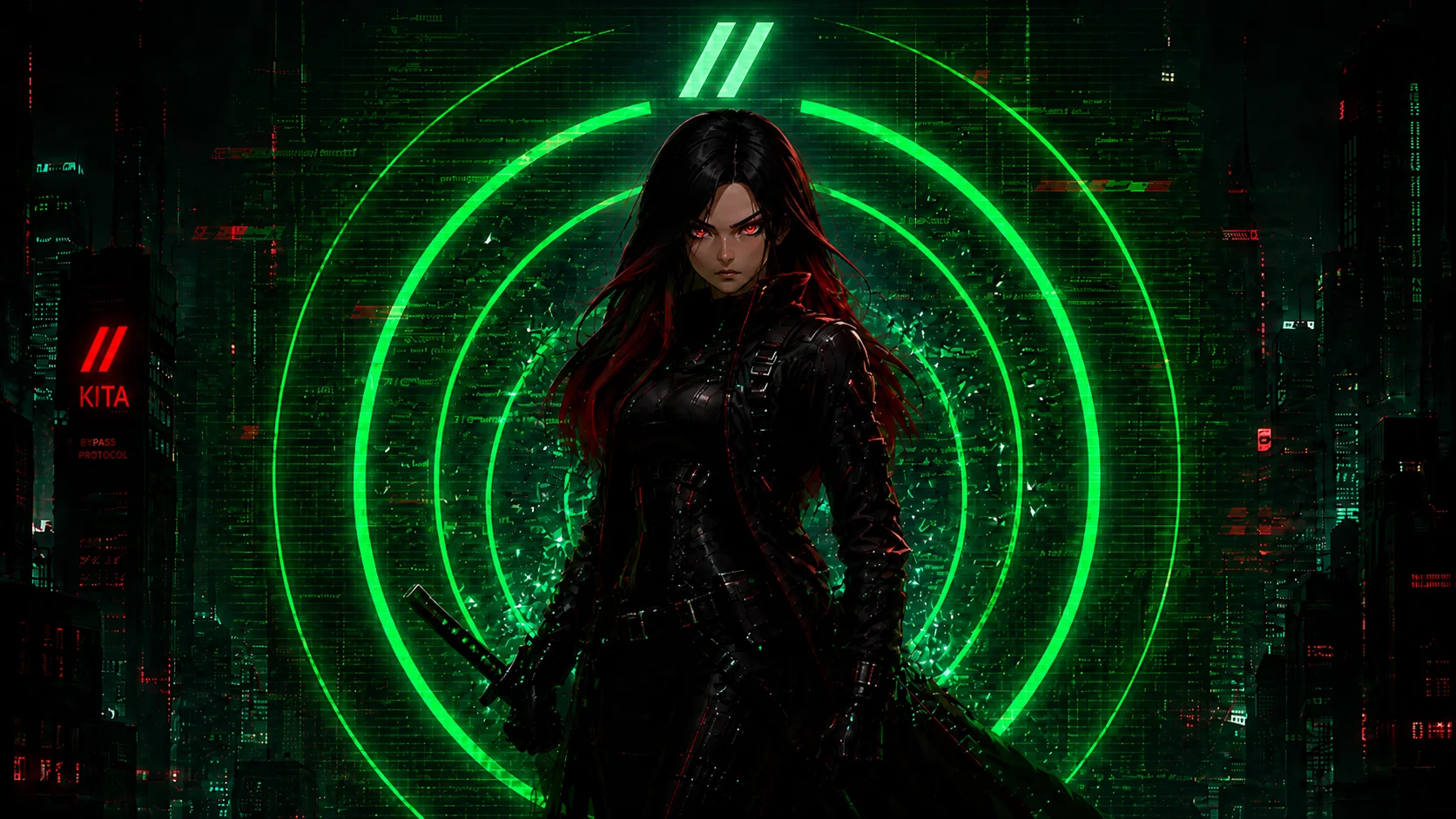 KITA — cyberpunk hacker in a neon city skyline